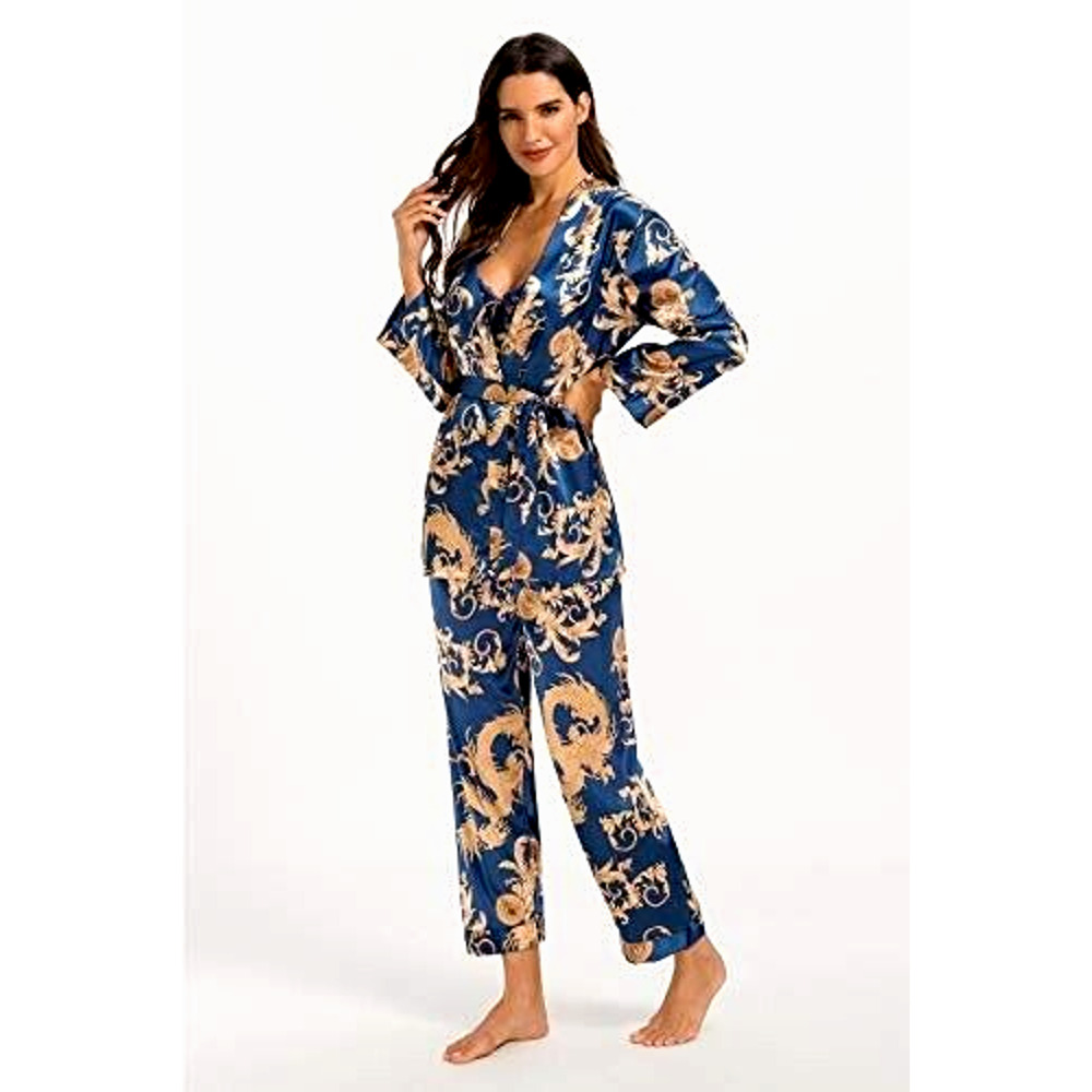 Escalier Pajamas 3 Piece Floral Silky Pj Set Sleepwear SET Cami Robe Pants L